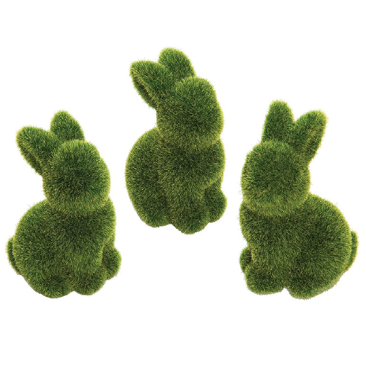 three green moss flocked little sitting bunny figurines.