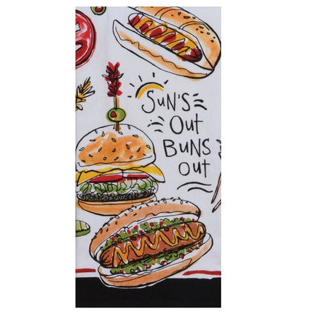 White terry cloth towel with printed images of burgers, hot dogs, and all the toppings, along with the phrase "sun's out, buns out."