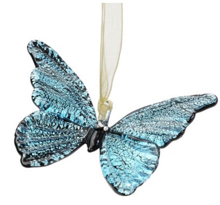 Metal blue colored butterfly shaped Christmas ornament on fabric cord.