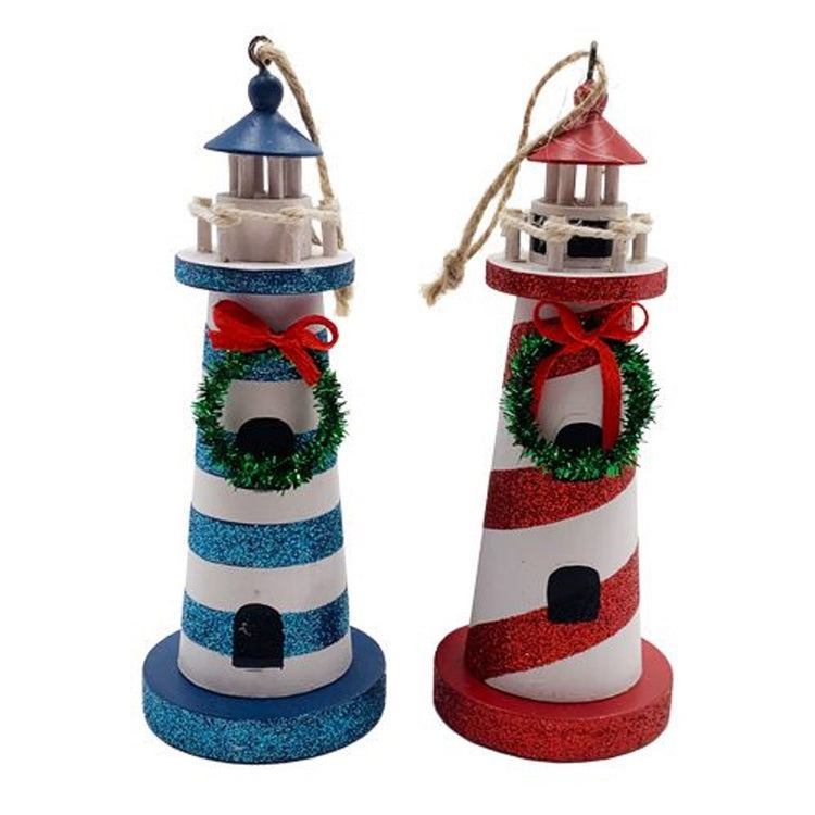 2 wooden lighthouse ornaments. One has horizontal blue and white stripes, the other has swirled red and white stripes, both have wreaths.