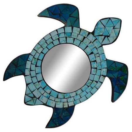 Sea turtle shaped mirror with mosaic green and blue border.