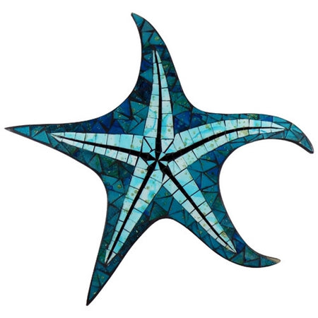 Multi colored blue mosaic tiles in the shape of a starfish. 