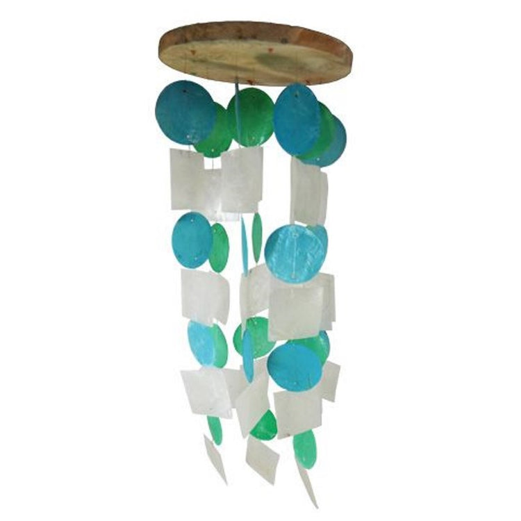 Wood top wind chime with blue, green and white capiz shells in circle and square shapes.