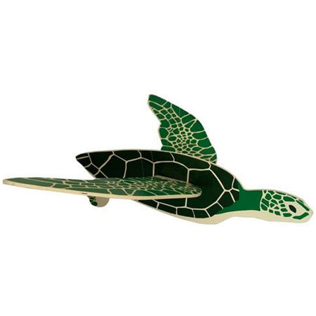 Wood cut out sea turtle. Main body, head and rear fins are single piece, A fin is attached on each side like an open wing.