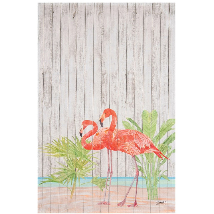 towel with pattern of two flamingos and palms, on a wood slat design background.