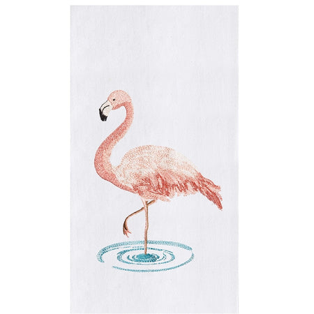 white flour sack towel with embroidered pink flamingo standing in water.
