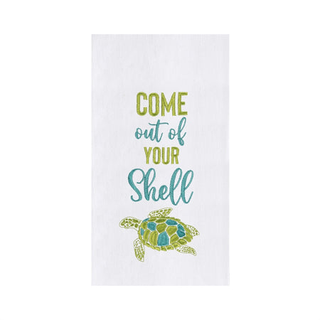 White flour sack towel with bright green and blue embroidered turtle and the phrase "Come out of your shell".