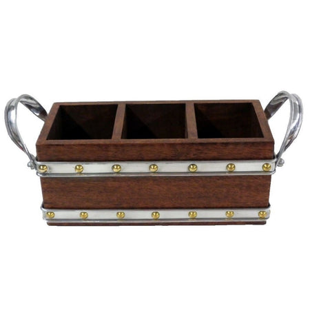 3 section rectangle caddy with metal handles and accents.