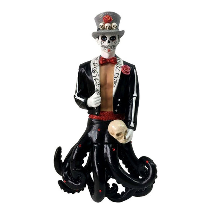 Half octopus half male wearing black jacket holding a skull. Top hat with skulls adorned.  Day of the dead makeup.