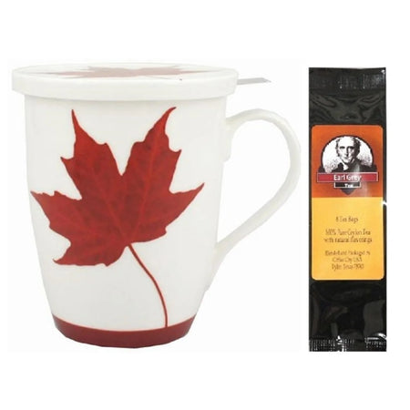 White porcelain tea mug with a red maple leaf design. Matching lid, and tea infuser. Package of 6 earl grey tea bags.