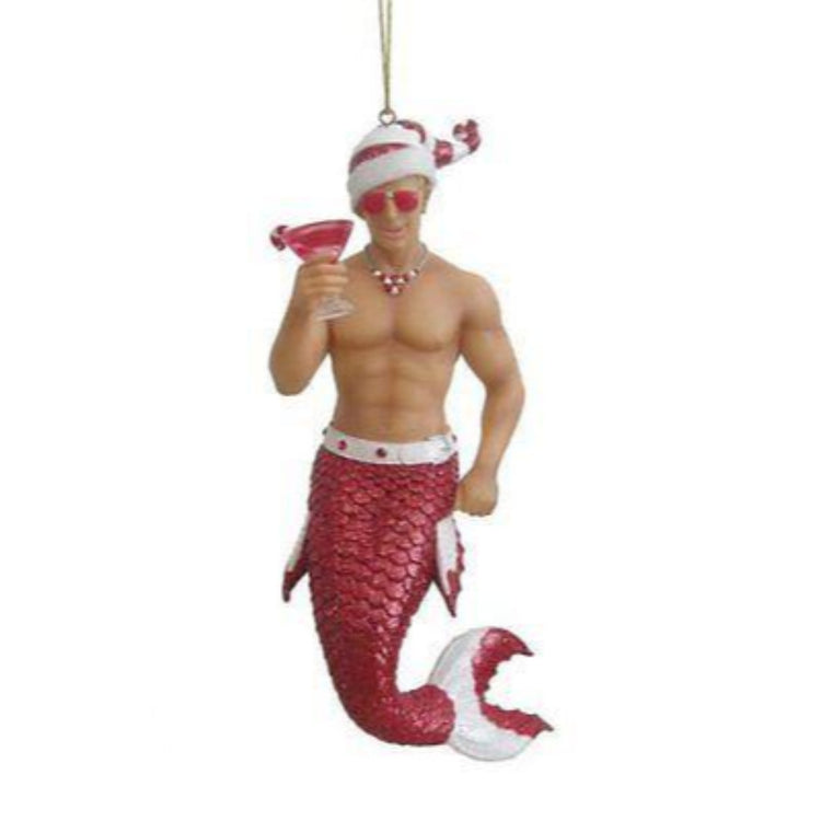 Merman figurine ornament.  Dressed in typical Santa outfit including hat holding a cocktail.