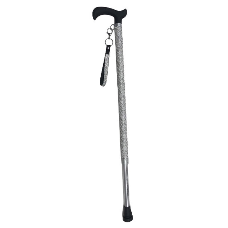 Walking cane with black handle and rubber stopper, cane is decorated with pearl and silver rhinesetones.