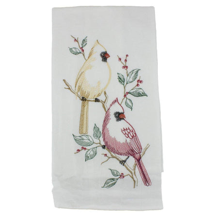 White flour sack kitchen towel embroidered with a gold and a red cardinal in berries.