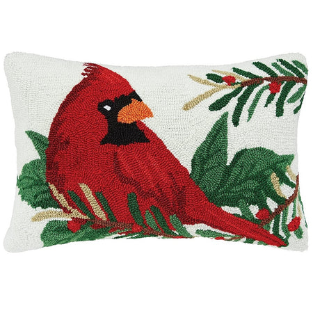 hooked rug pillow, cardinal with mistletoe on a white background.
