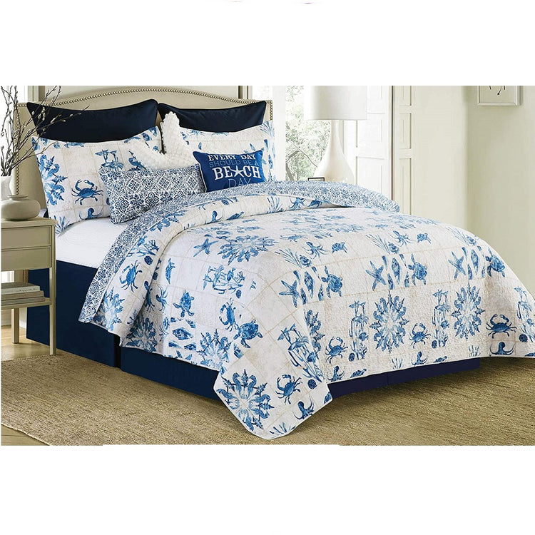 Photo shows a bed set but this listing is for 1 king comforter and 2 shams.  The reversible comforter is Moroccan tile design on one side and a cream background with crab, turtle starfish and seahorses in blue.
