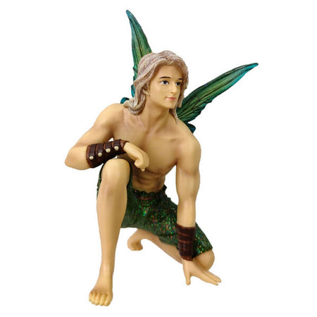 Male fairy with green/blue wings, kneeling down, wearing green glittery shorts