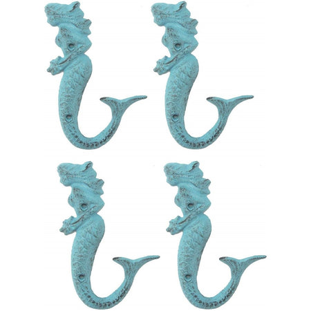4 cast iron mermaid wall hooks. The hooks are light blue, and show her holding a starfish.