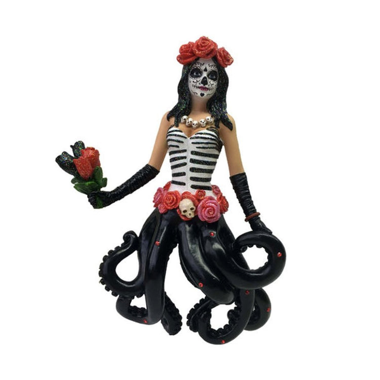 Half octopus half female wearing black and white outfit holding red roses. Flowers in hair.  Day of the dead makeup.