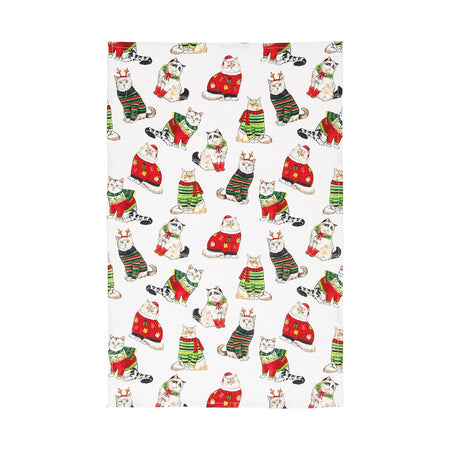 White towel with printed Christmas cat pattern. Cats are wearing green and red holiday sweaters.