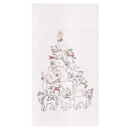 White dish towel embroidered with cats in a tree shaped pyramid. 