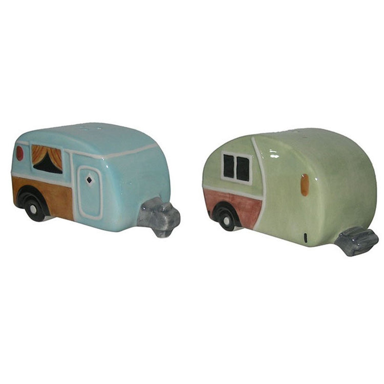 Camper designed salt and pepper shakers.  one is shades of pale blue and one shades of pale green.
