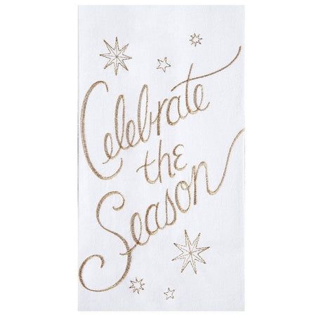 White dishtowel with gold embroidered text "Celebrate the Season" and snowflake accent.