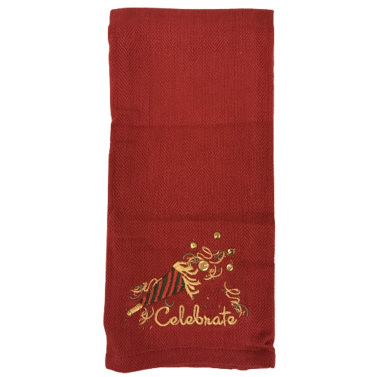 Red dish towel with gold party horns and text "celebrate" at bottom center.