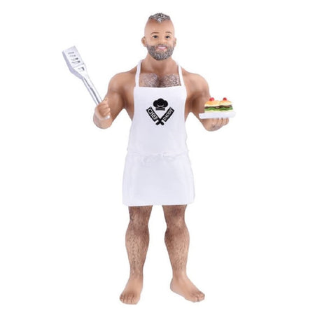 Resin "bear" man ornament wearing a white apron, holding a spatula and a plate with burgers on it.