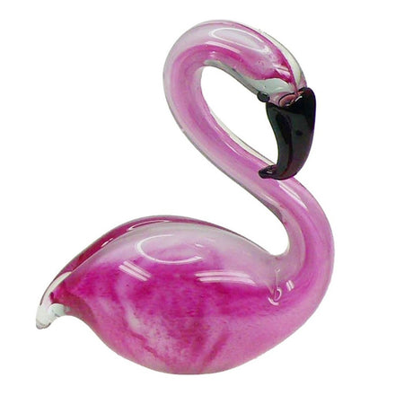 sitting glass flamingo, pink and white swirls throughout, with black bill and eyes.