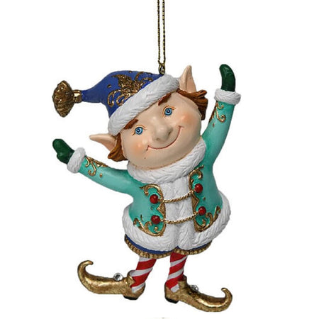 Elf shaped hanging ornament.  He is wearing a green coat with white fur design.  Blue pointy hat with gold decorations on all.  Entire ornament is resin so the description is the design.  Gold cord for hanging.