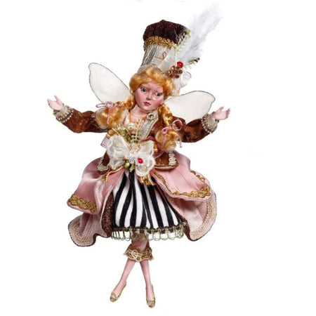 female figure wearing a black and white striped skirt with a rose or coffee color jacket.  She has long strawberry blond hair, white wings and a tall hat with a feather.