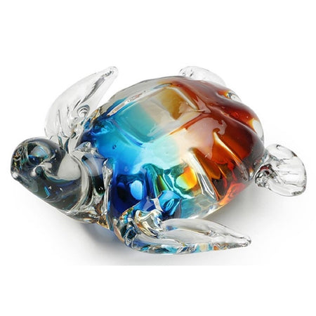 Clear glass turtle figurine with rainbow colors under clear on shell.