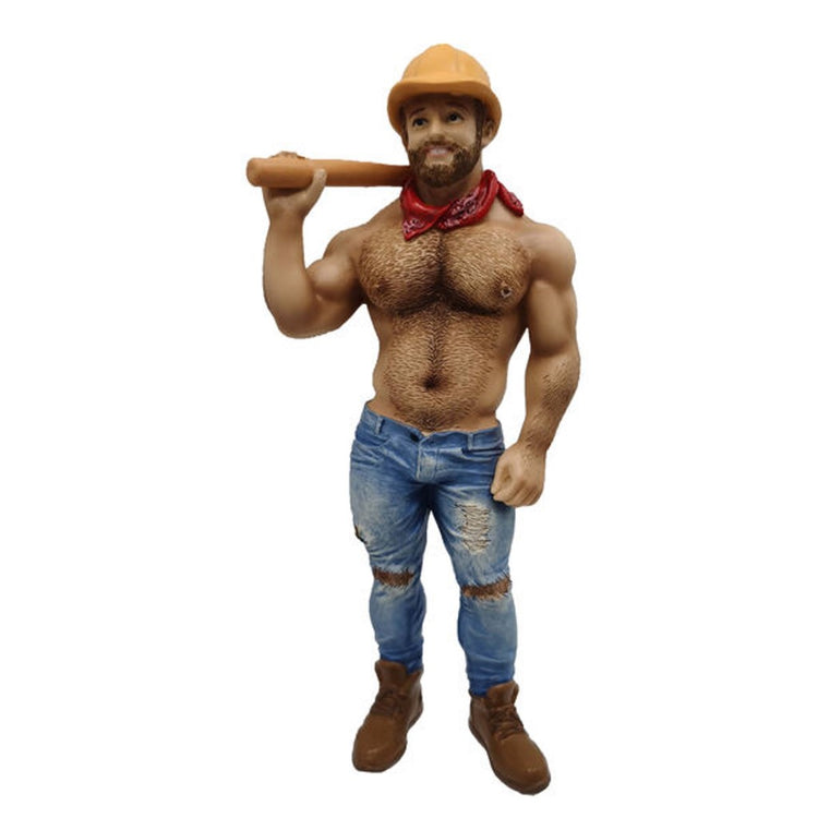 Resin poke the bear ornament, wearing jeans with holes in the knees, brown work boots, a red bandana, and a yellow hard hat.