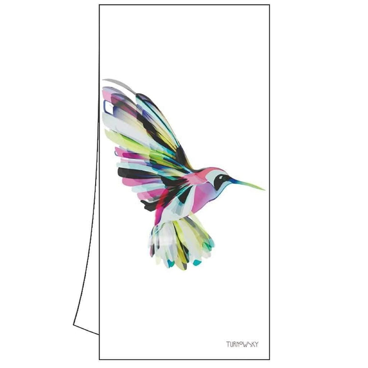 White flour sack towel with pink green and blue colored flying hummingbird design.
