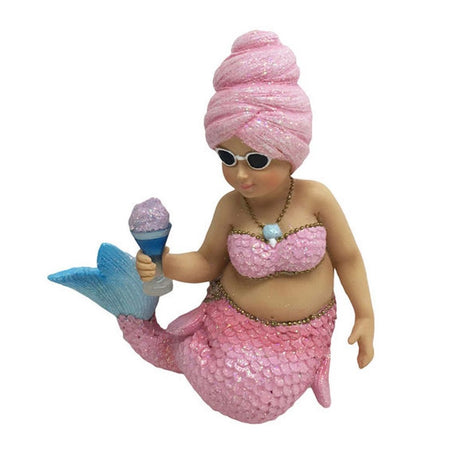 Chunky mermaid figurine hanging ornament. She is wearing pink tail and matching bra with cotton candy like hair holding cotton candy.
