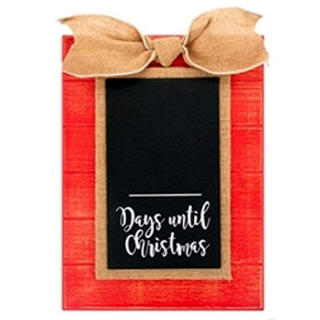Rectangle sign with chalkboard center, red boarder and gold bow and accent.  Text "Days until Christmas".