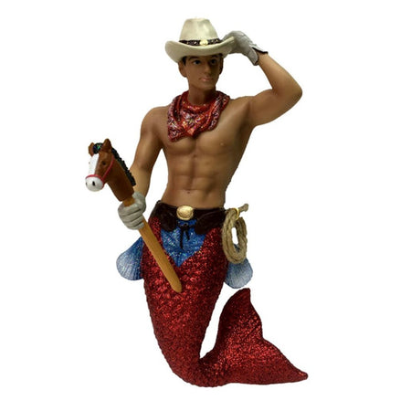Mermaid figurine ornament.  Dressed as a cowboy, wearing a cowboy hat and holding a horse on a stick riding toy.