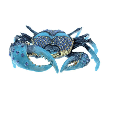 Blue enameled crab shaped jewelery box. In laid with blue czech crystals.