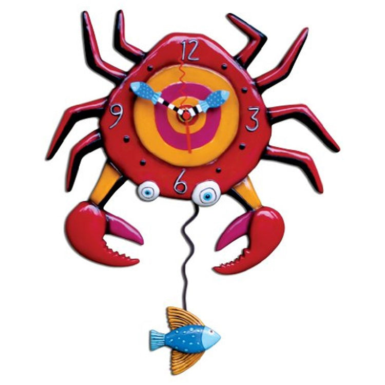 Red crab shaped wall clock with blue tropical fish pendulum.