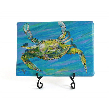 Stretched canvas print crab swimming down. Background swirled shades of blue. Crab mixed blues, greens & black.