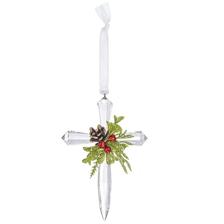 Clear acrylic cross ornament with faux mistletoe and pinecone accents.