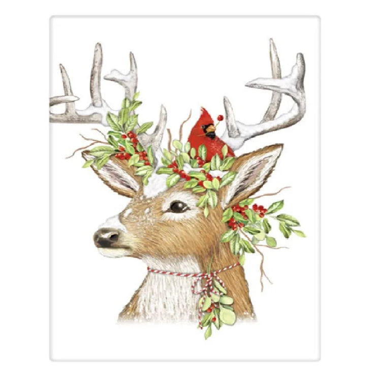 white flour sack towel with a dear wearing a crown of holly berries and a cardinal sitting in its antlers.