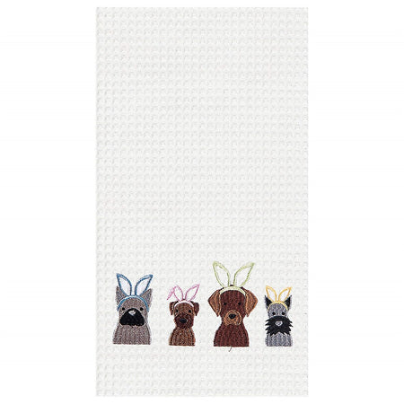 White waffle weave towel embroidered with dogs wearing bunny ears.