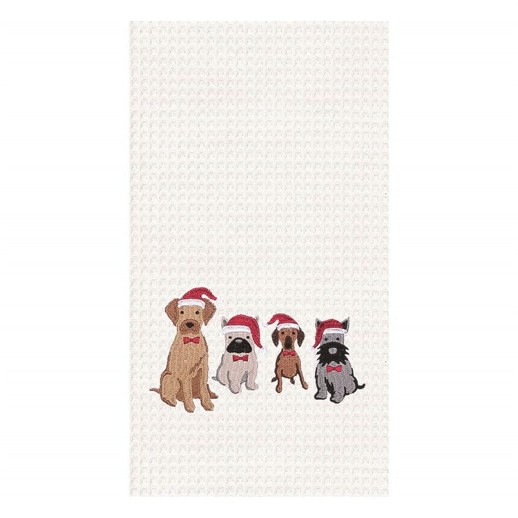 White waffle weave towel embroidered with dogs in Santa hats.