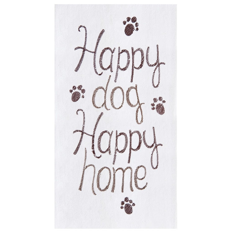 White towel with brown text "Happy dog Happy home". Brown paw print on top, bottom and sides.
