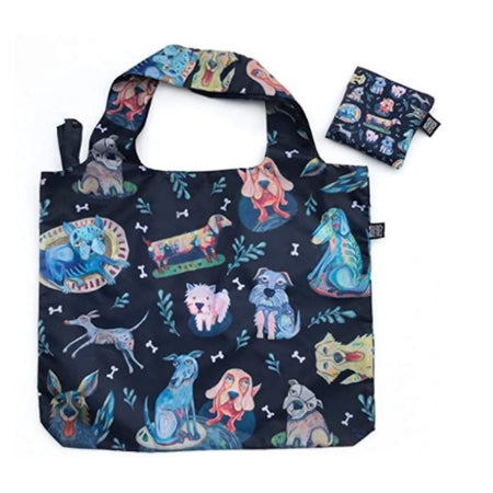 Navy bag with different dogs all over it