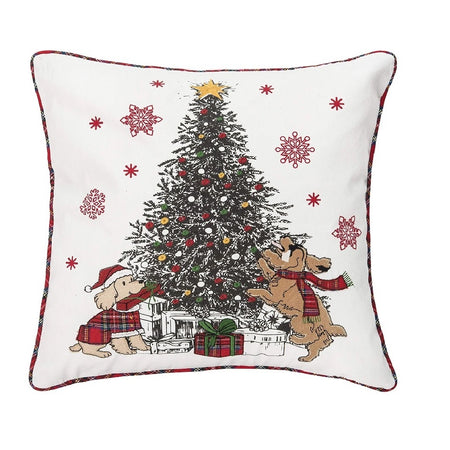 Square pillow with red plaid trim, the pillow features two dogs in scarves next to a Christmas tree surrounded presents.