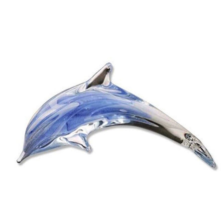 Clear glass dolphin shaped figurine with blue body.