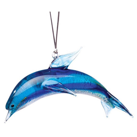 Glass dolphin ornament jumping pose. Shades of blue over entirety. Eye is black, hanger connected to dorsal fin on top.