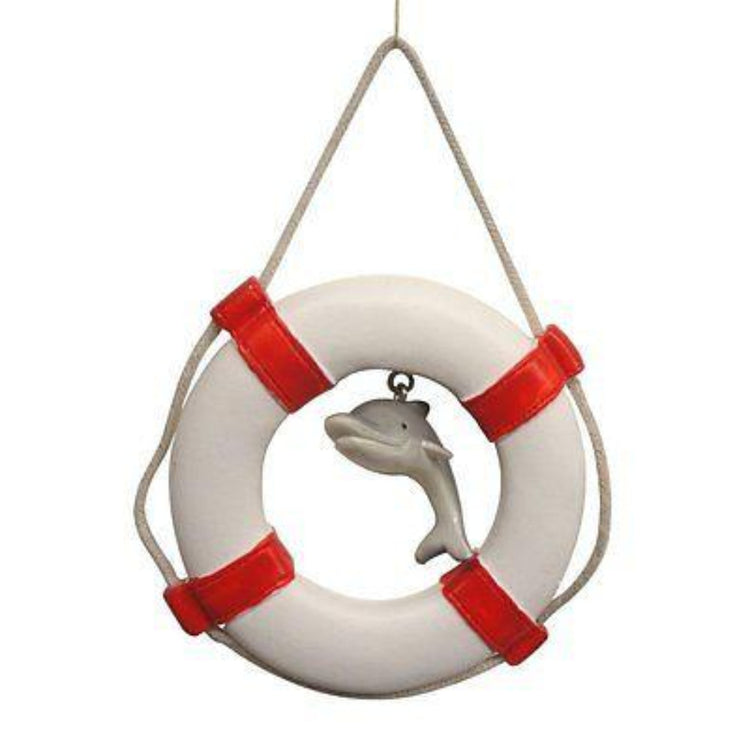 White and red life ring and a dangling grey dolphin in the center.